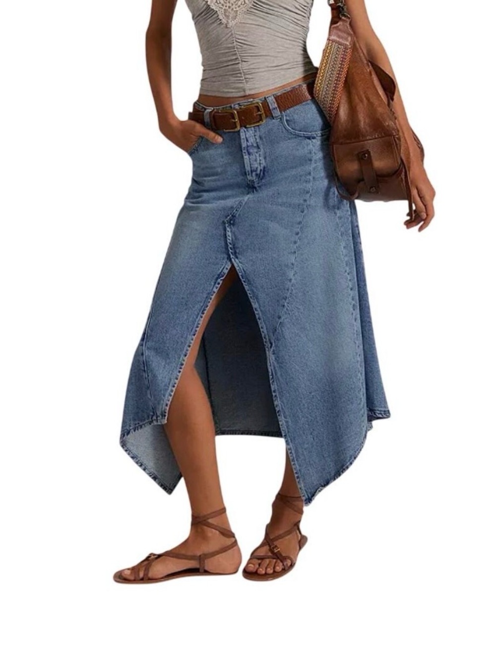Free People Light Blue Denim Handkerchief-Hem Maxi Skirt
